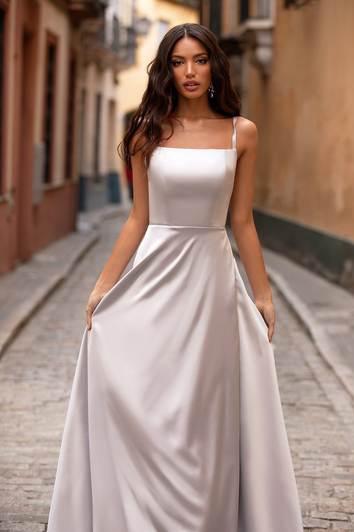 Madia - Ice Grey Satin A-Line Gown with Straight Neckline & Slit – A&N Luxe  Label