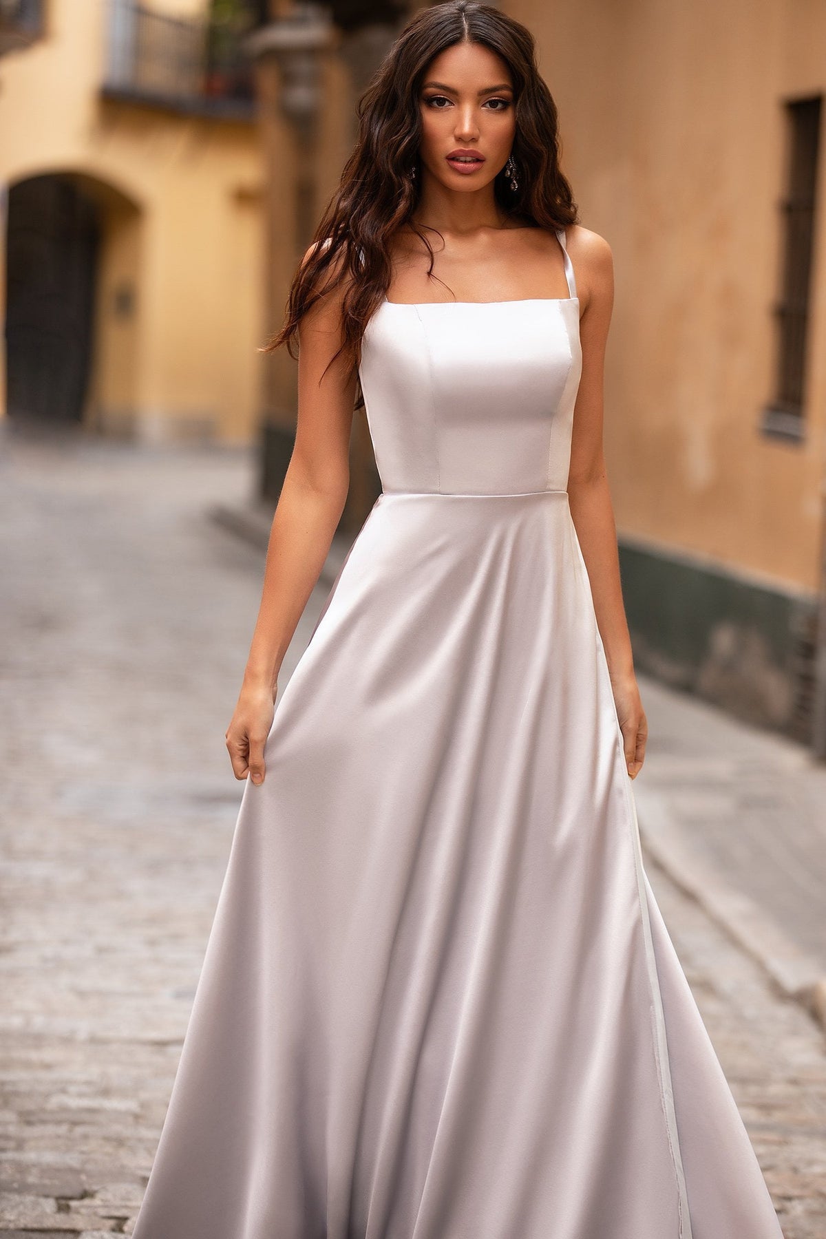 Madia - Ice Grey Satin A-Line Gown with Straight Neckline & Slit