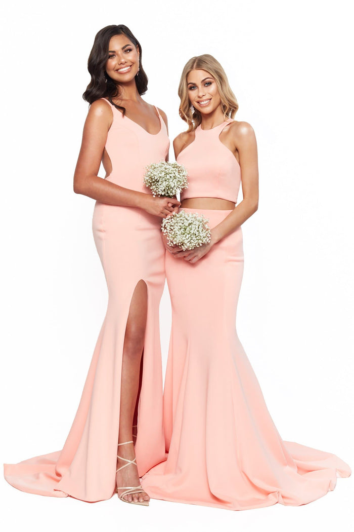 A&N Boutique Custom Bridesmaids April Gown - Peach Bridesmaids April Low Back Ponti Gown With Slit - Peach