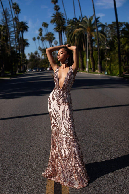 A&N Luxe Tyra Glitter Cape Gown - Rose Gold