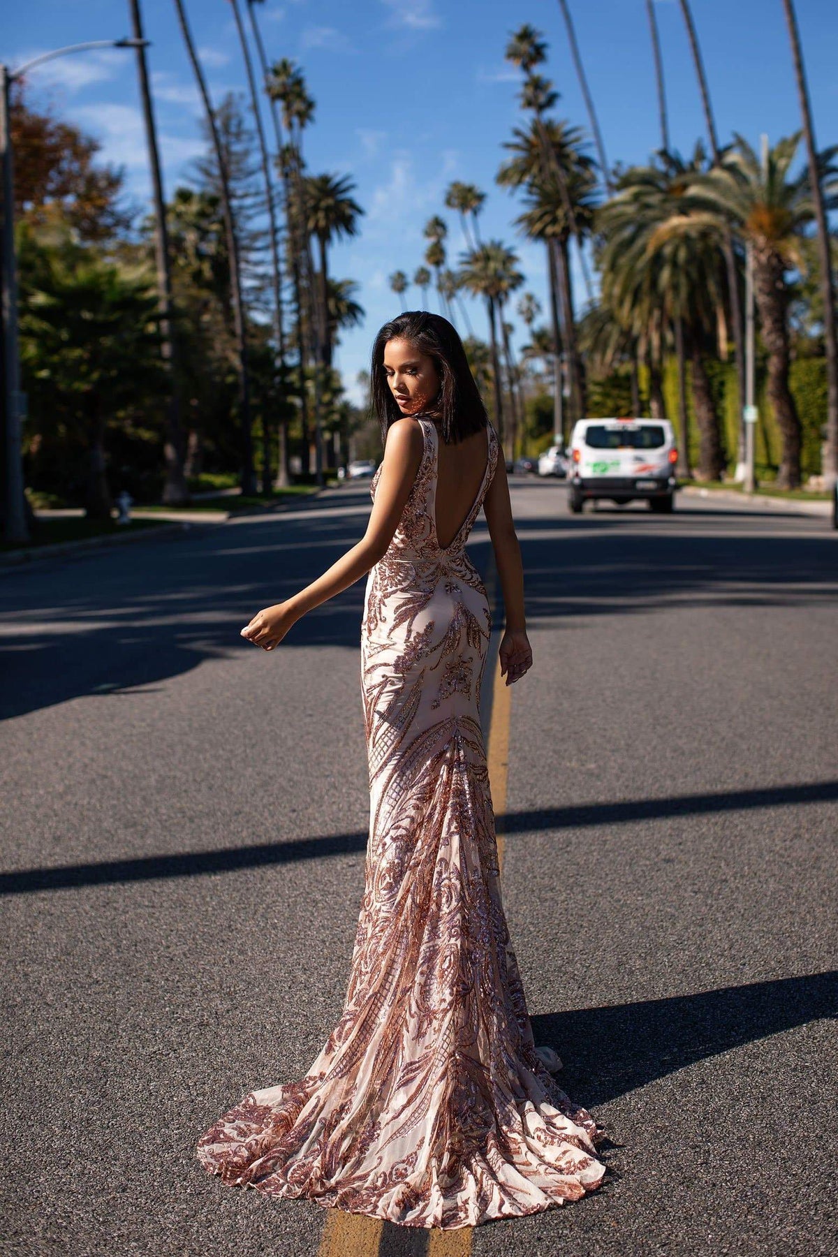Rose Gold Sequin Tulle Overskirt Split Prom Dress - Promfy