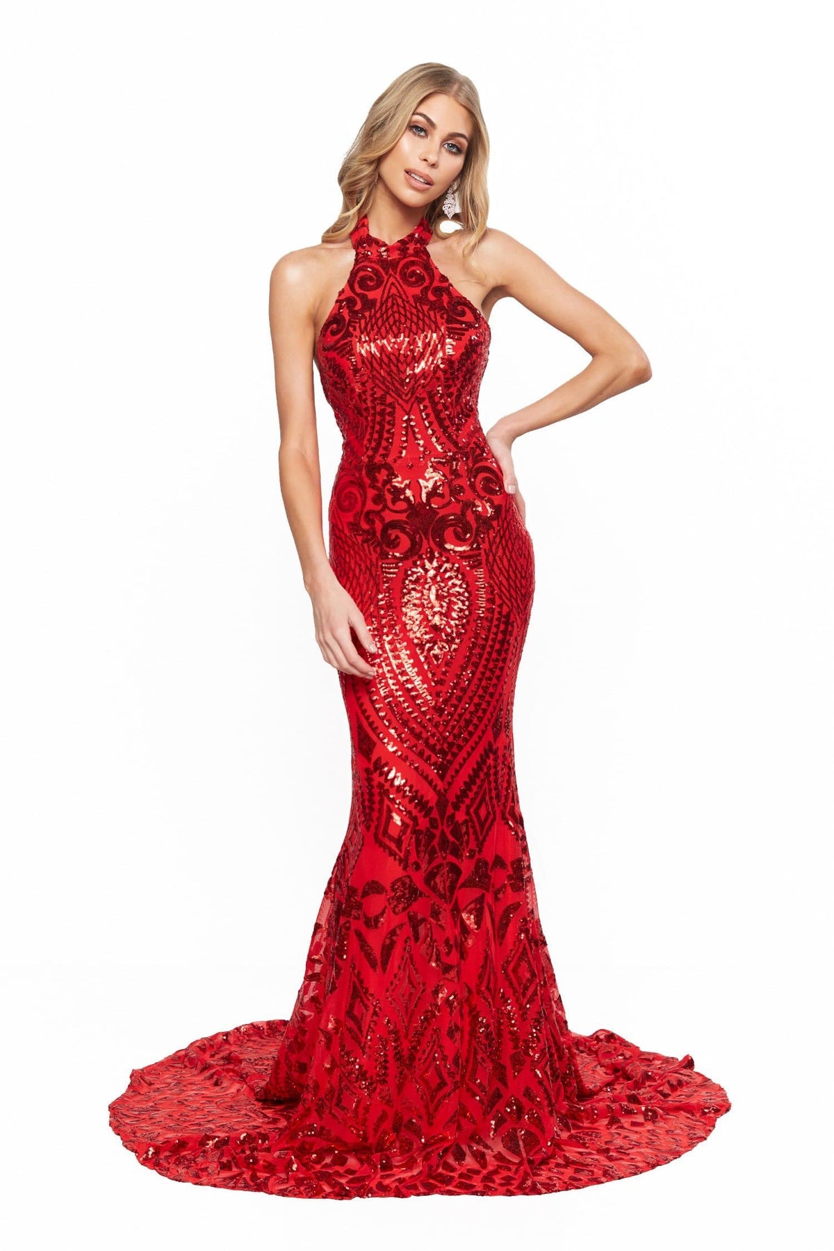 A&N Bridesmaids Fabiana Sequin High Neckline Mermaid Gown - Red 