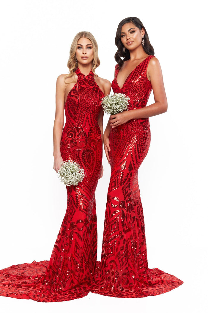 A&N Luxe Label Custom Bridesmaids Crown Sequin Gown - Red A&N Crown - Red Sequins Gown with Plunge Neckline and Mermaid Train