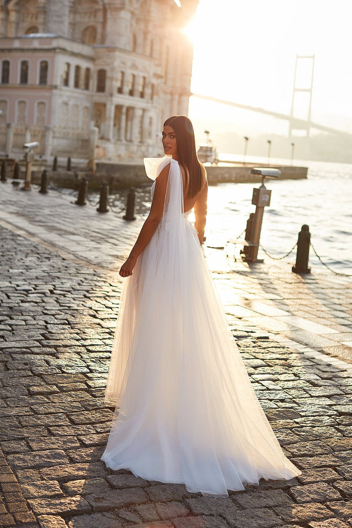A&N Sami - White Boho Bridal Gown with Beaded Bodice & High Slit