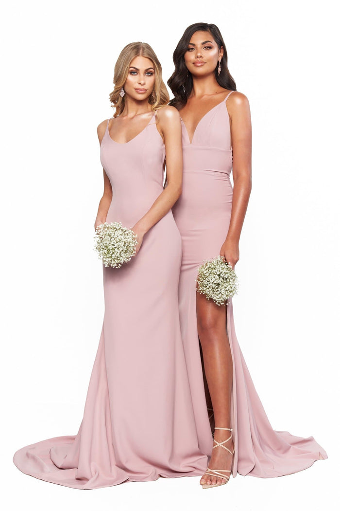 A&N Boutique Custom Bridesmaids Hannah Gown - Dusty Pink A&N Bridesmaids Hannah Plunge Neck Low Back Gown With Slit - Mauve