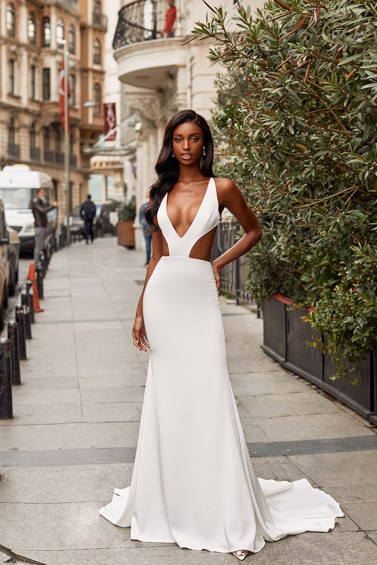 Catriane White Plunge Neck Gown with Waist Cut Outs Tie Up