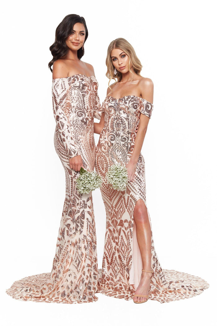 A&N Boutique Custom Bridesmaids Isidora Sequin Gown - Rose Gold Bridesmaids Isidora Sequin Long Sleeve Off-Shoulder Gown - Rose Gold