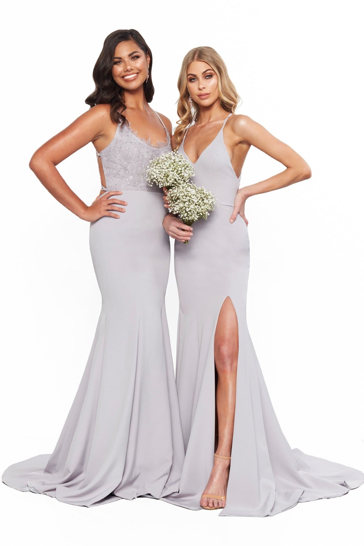 Bridesmaids Emilie Lace-Up V-Neck Gown With Slit - Grey Lilac M Bridesmaids Emilie Lace-Up V-Neck Gown With Slit - Grey Lilac M