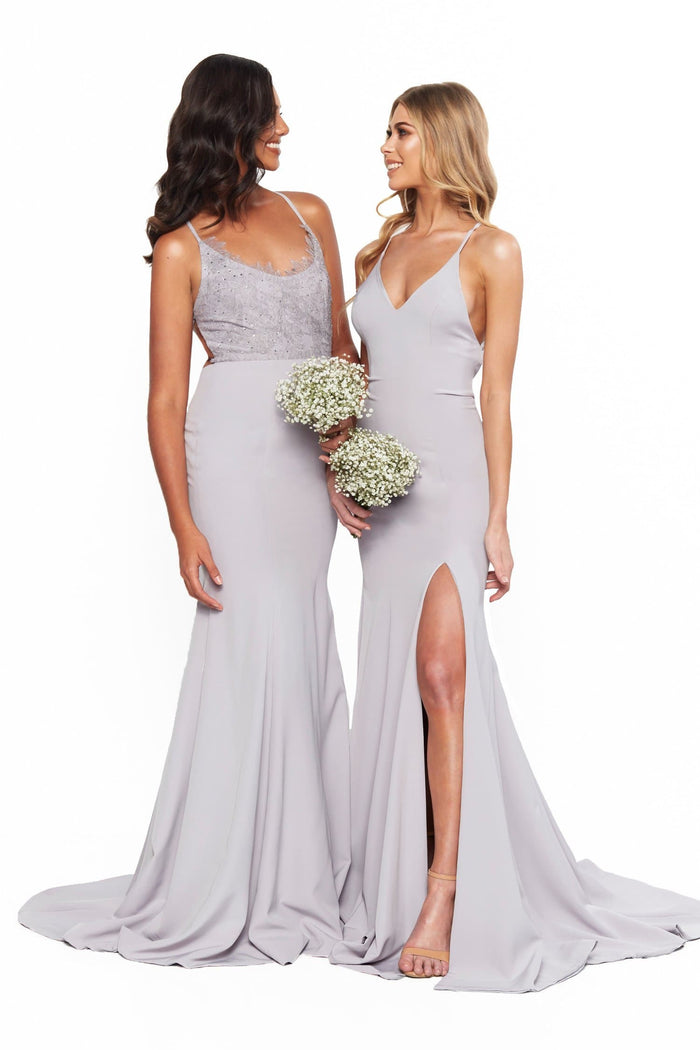 A&N Boutique Custom Emilie Crepe Gown - Grey Lilac Bridesmaids Emilie Lace-Up V-Neck Gown With Slit - Grey Lilac
