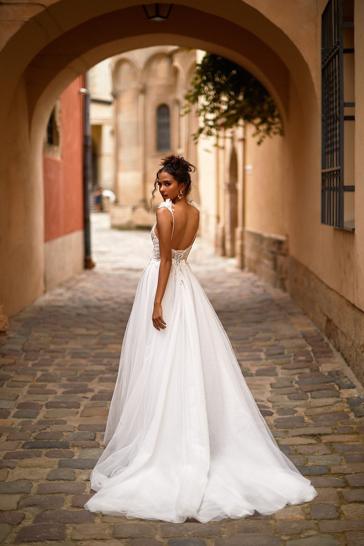 A N Eliah White Embellished Boho Bridal Gown with Plunge Neck