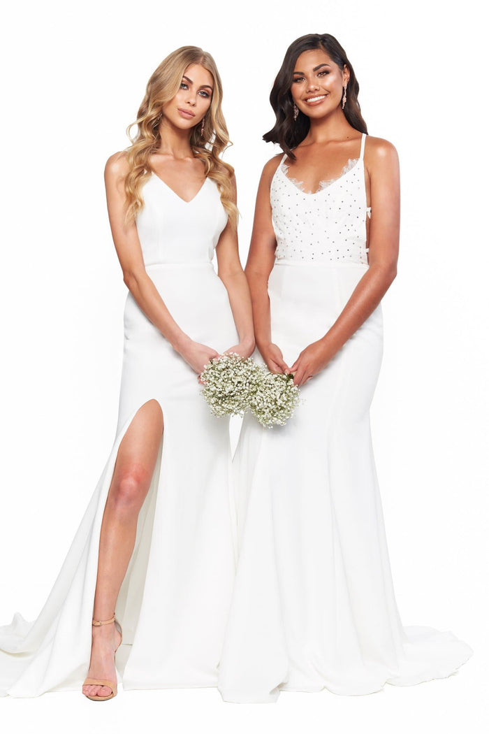A&N Boutique Custom Bridesmaids Anika Ponti Gown - White A&N Bridesmaids - Anika White Ponti Lace Gown with Lace-Up Back
