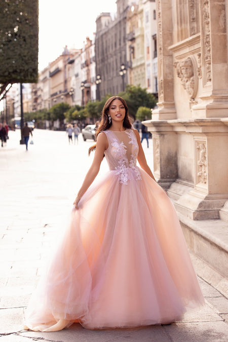 Litzy Beaded Tulle Gown - Baby Pink