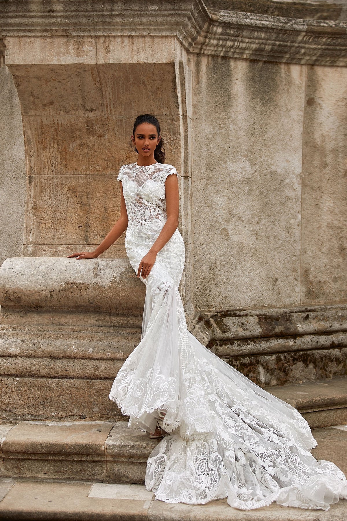 A N Rachelle White High Neck Lace Boho Bridal Gown With Mermaid