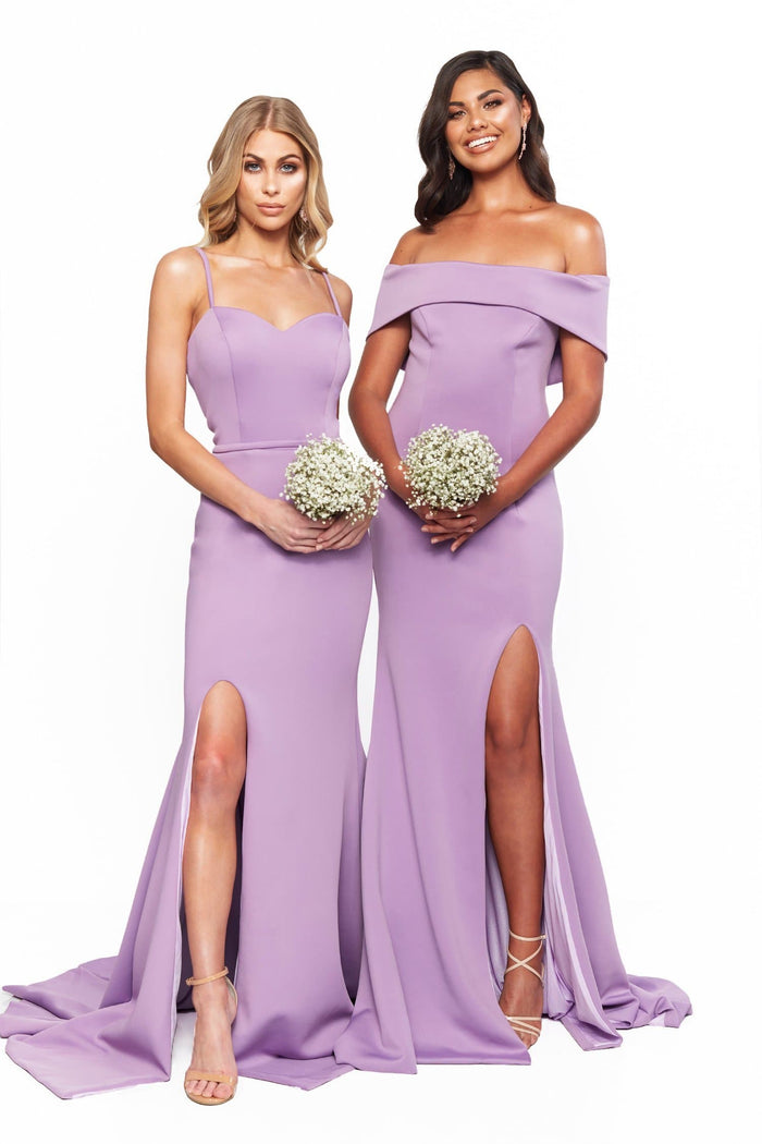 A&N Boutique Custom Bridesmaids Cleo Gown - Lilac A&N Bridesmaids Cleo Off-Shoulder Ponti Gown With Slit - Lilac