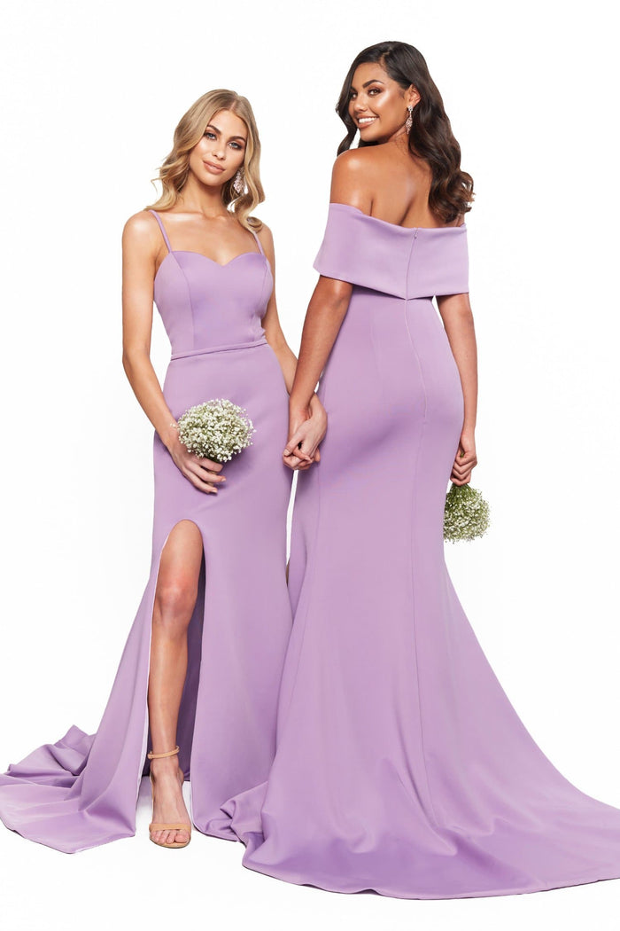 A&N Boutique Custom Bridesmaids Cleo Gown - Lilac A&N Bridesmaids Cleo Off-Shoulder Ponti Gown With Slit - Lilac