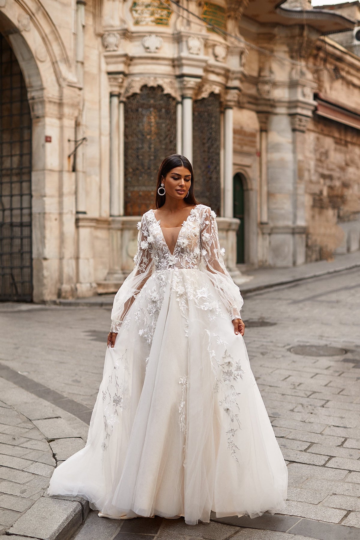 Melek Gown - Sheer Balloon Sleeve Wedding Dress with Floral Fabric – A&N  Luxe Label