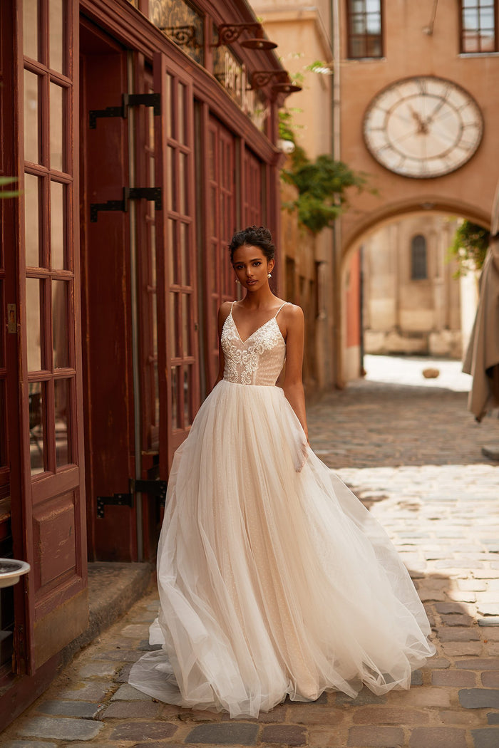 A&N Sami - White Boho Bridal Gown with Beaded Bodice & High Slit