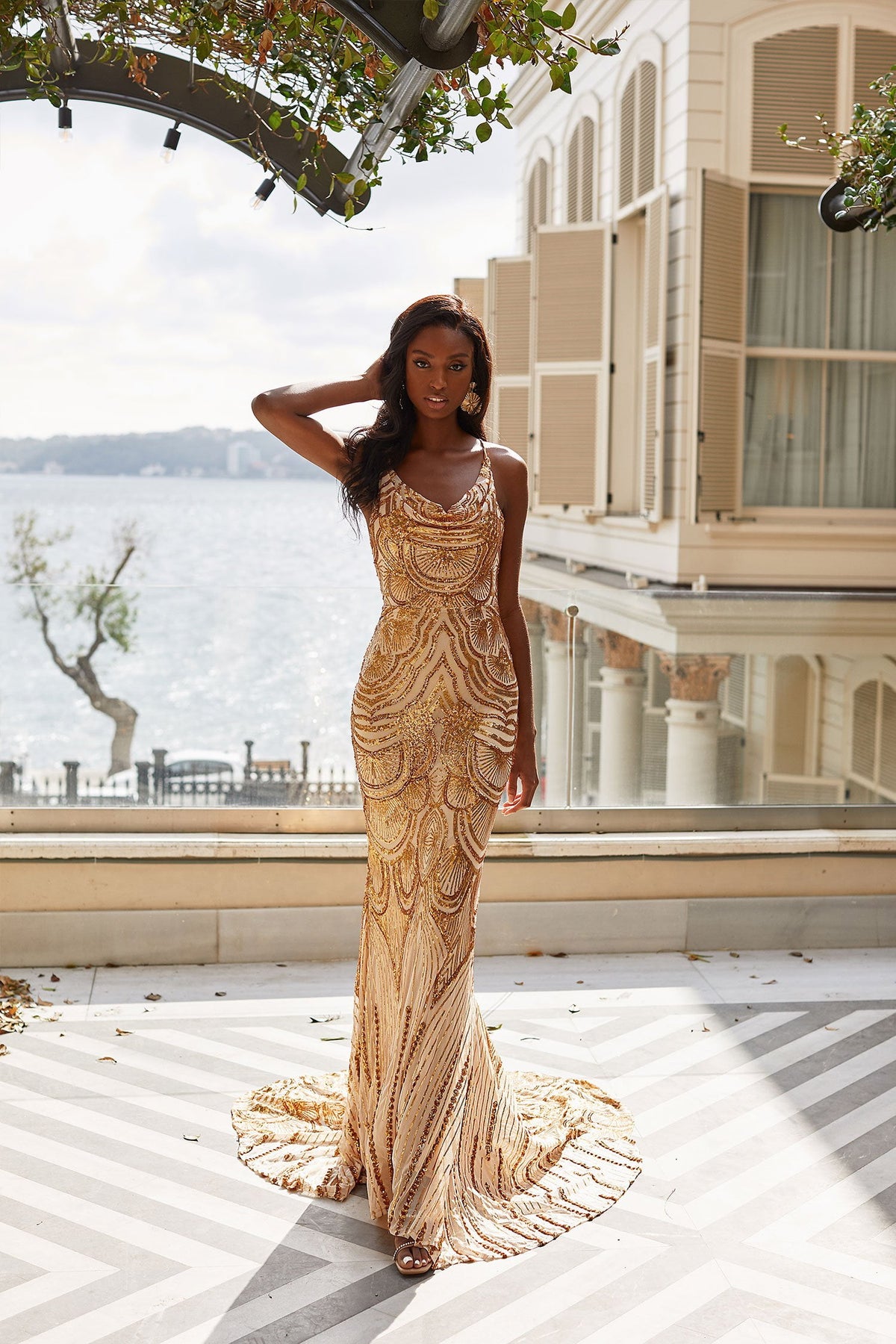 Alayna Gold Patterned Sequin Gown With Cowl Neck Criss Cross Back A N Luxe Label