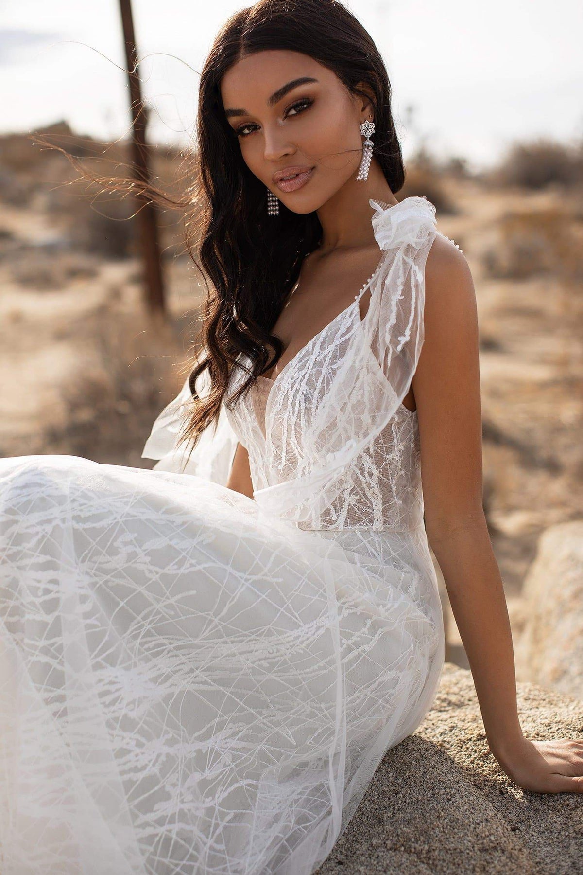 A N Fiona White Boho Bridal Tulle Gown with V Neck and Tie Up