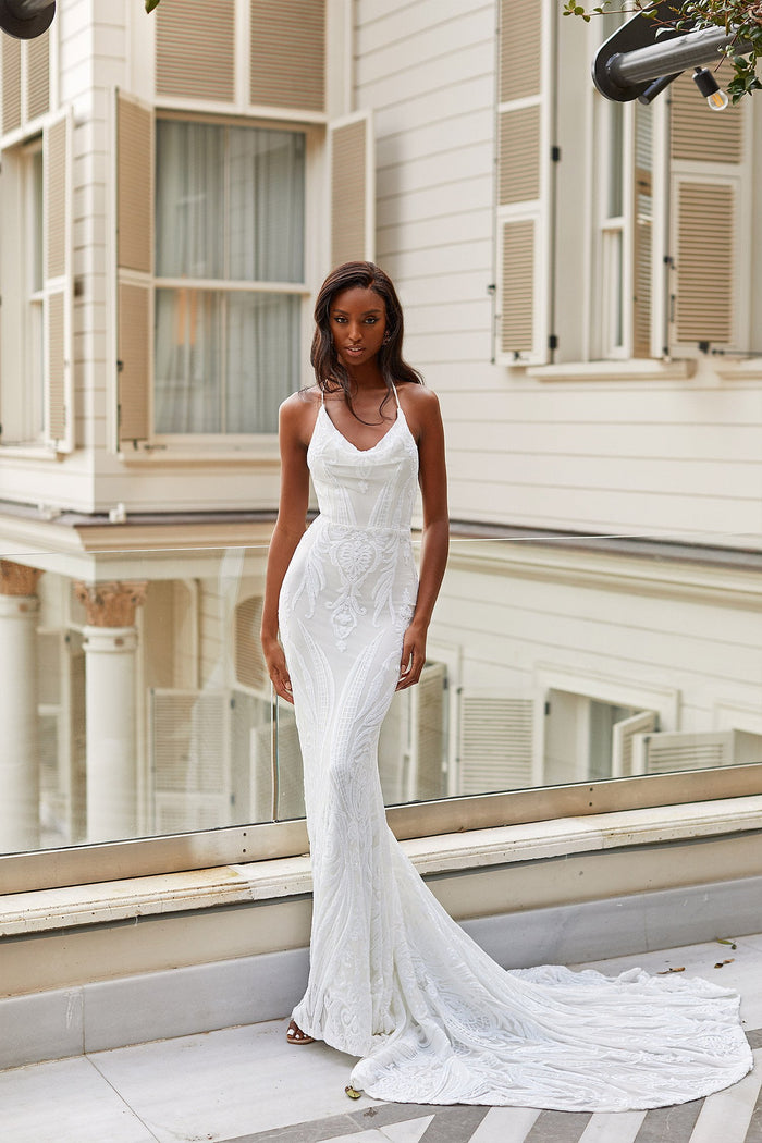 GRACIE COWL-NECK WIDE STRAP CREPE TRUMPET GOWN WITH FRONT SLIT TH114 By  Thread Bridesmaids  Buy Online Cocktail Length Bridesmaid Dresses  Australia - Fashionably Yours Bridal & Formal Sydney