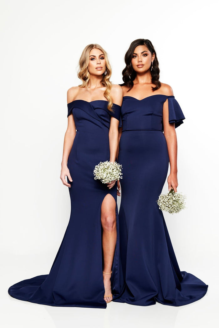 A&N Boutique Custom Bridesmaids Ester Ponti Gown - Navy A&N Bridesmaids - Navy Ester Ponti Off-Shoulder Gown with Slit