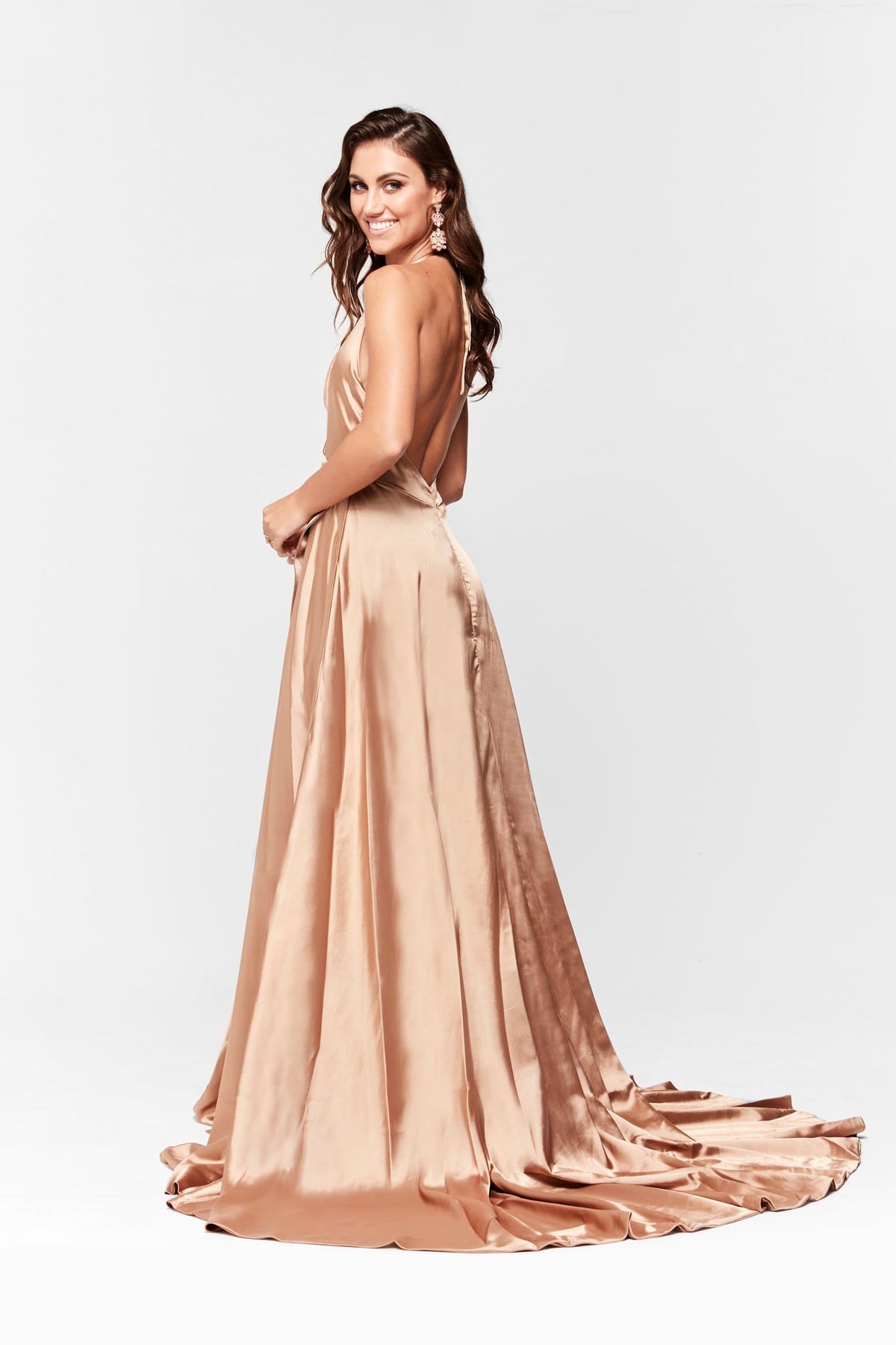 Amani - Gold Satin Formal Dress with Side Split and Low Back A&N Luxe Label Amani - Gold Satin Formal Dress with Side Split and Low Back A&N Luxe Label