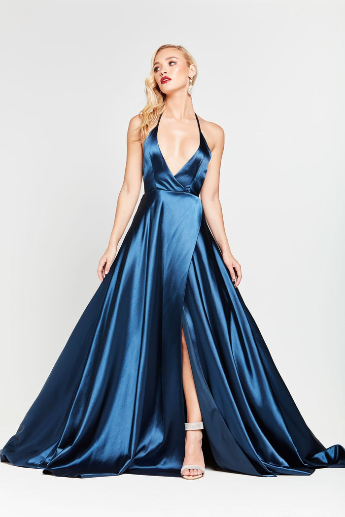 A&N Boutique Custom Amani Satin Gown - Navy Amani - Navy Satin Gown with Side Slit and Low Back