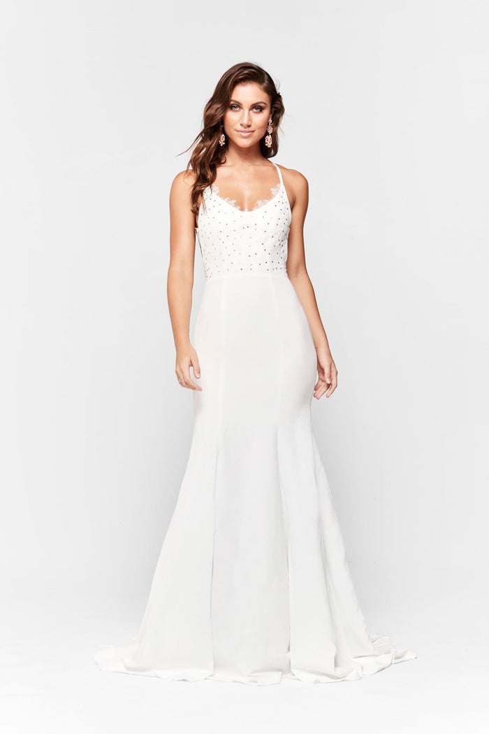 A&N Boutique Custom Anika Ponti Gown - White Anika - White Ponti Lace Formal gown with Lace up Back