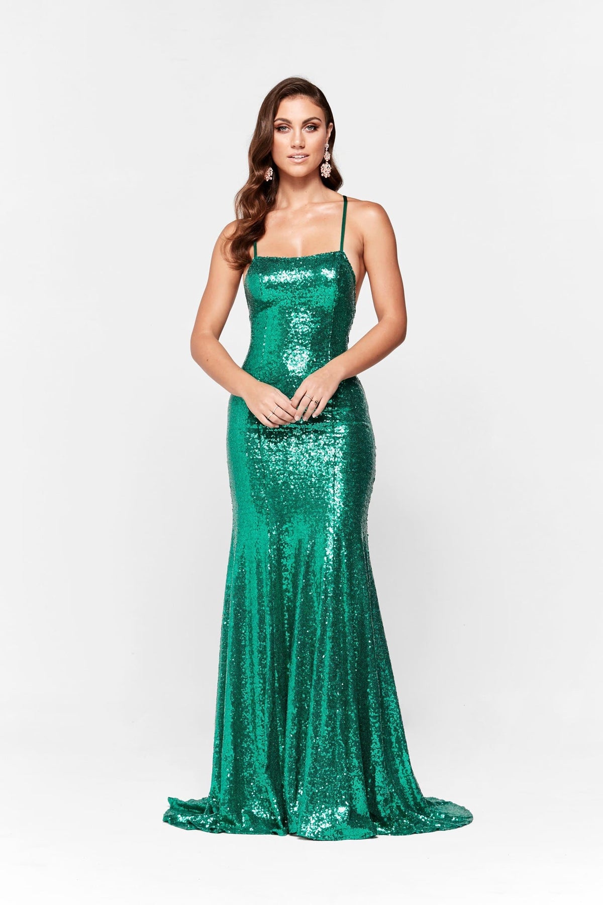 A&N Esmee - Emerald Sequin Gown with Square Neck and Lace up Back