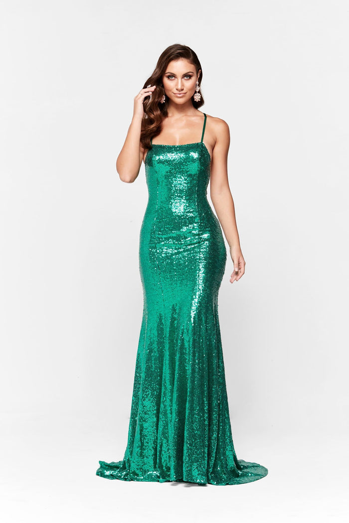 A&N Boutique Custom Esmee Sequin Gown - Emerald Esmee - Emerald Sequin Gown with Square Neck and Lace up Back