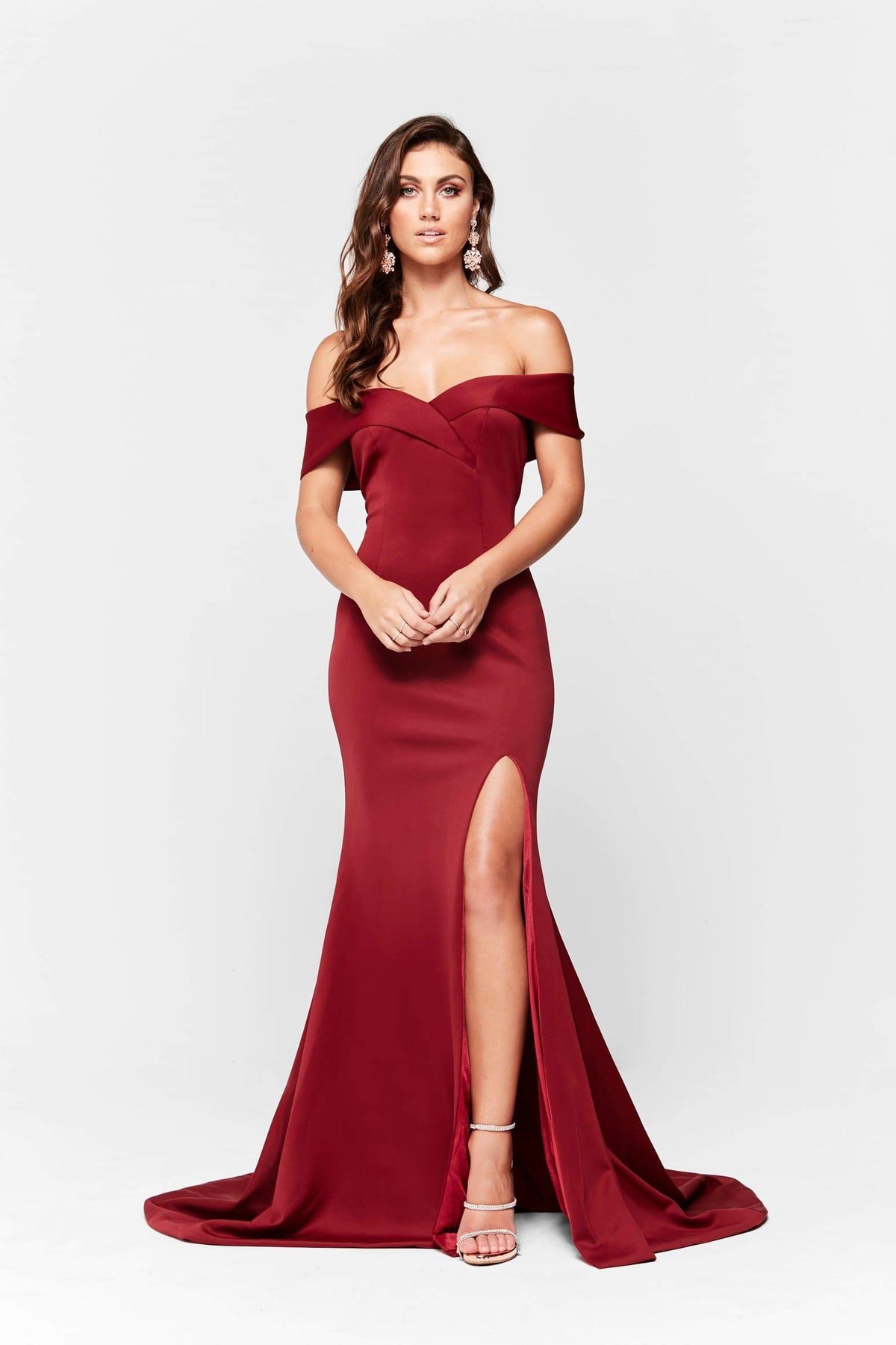 A&N Boutique Custom A&N Luxe Ester Ponti Gown - Burgundy A&N Ester - Burgundy Ponti Off Shoulder Gown with Front Slit