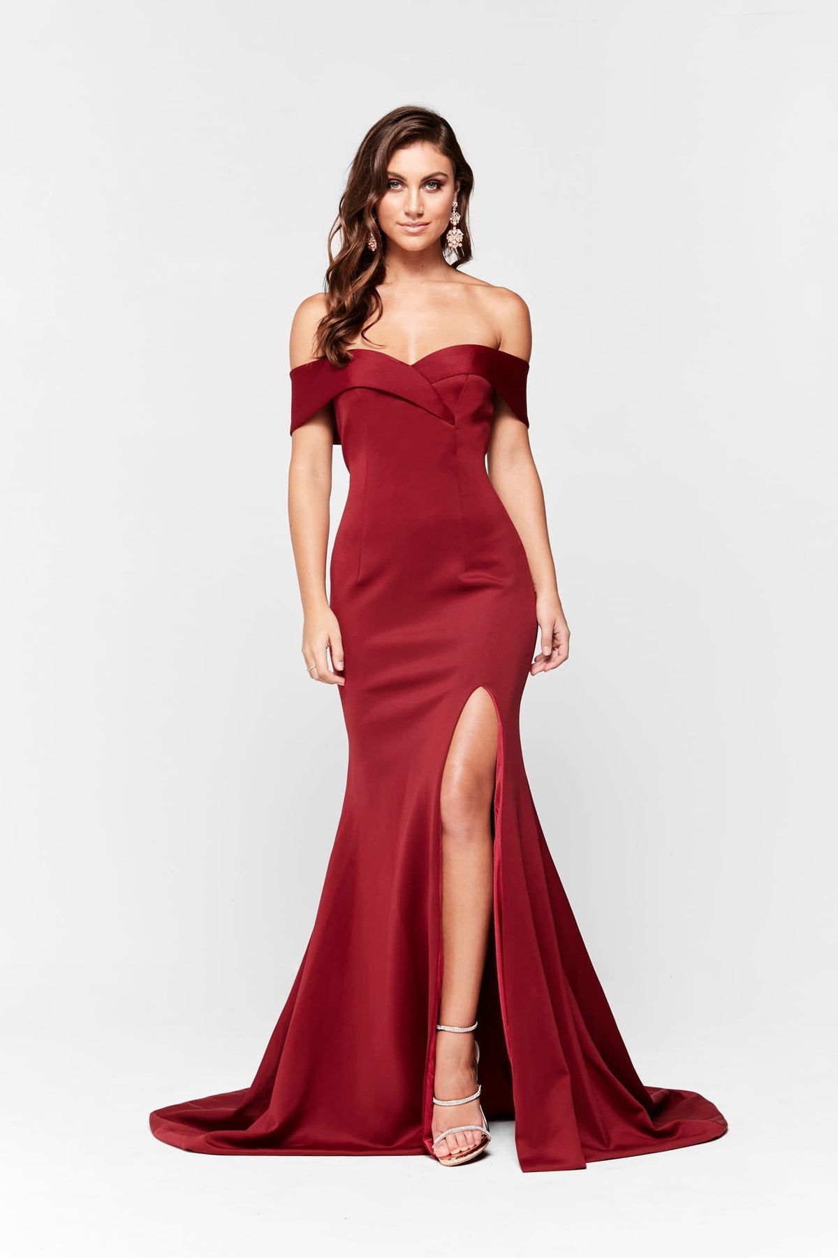 A&N Boutique Custom A&N Luxe Ester Ponti Gown - Burgundy A&N Ester - Burgundy Ponti Off Shoulder Gown with Front Slit
