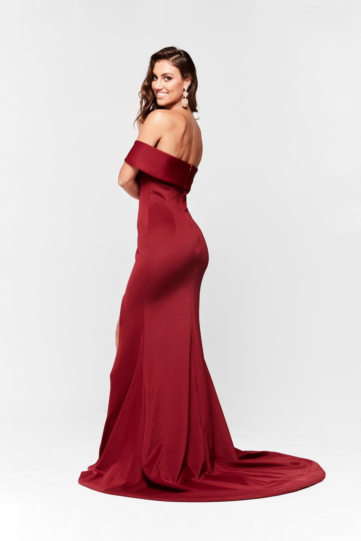 A&N Boutique Custom A&N Luxe Ester Ponti Gown - Burgundy A&N Ester - Burgundy Ponti Off Shoulder Gown with Front Slit