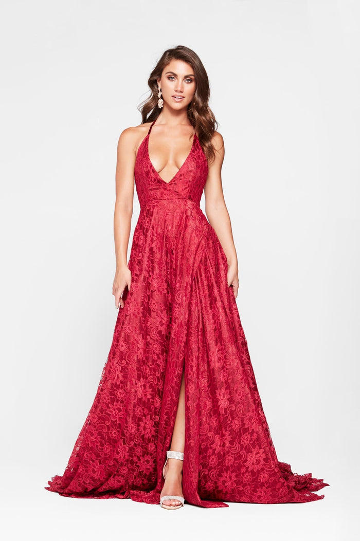 A&N Boutique Custom Frida Lace Gown - Deep Red Frida -Red Lace Formal Gown with Plunging Neckline and Low Back