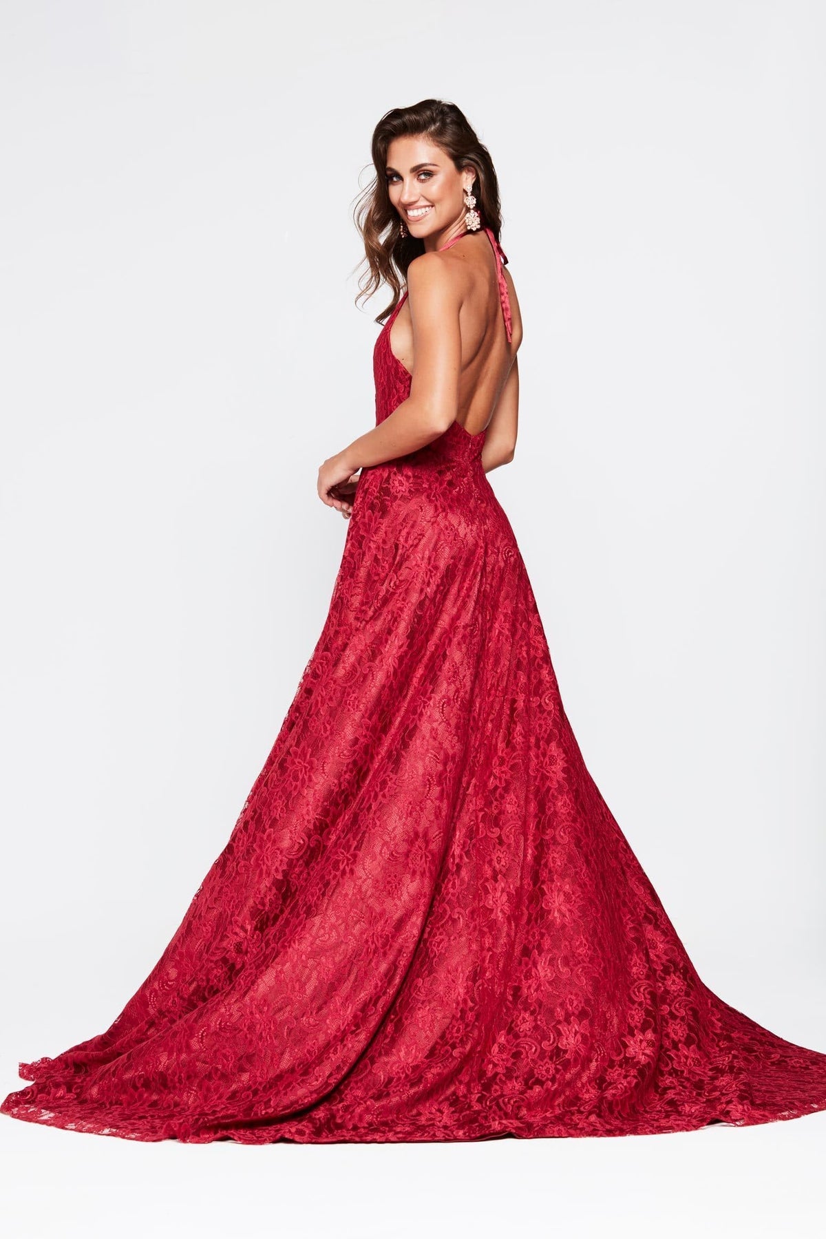 A&N Frida -Red Lace Formal Gown with Plunging Neckline and Low Back