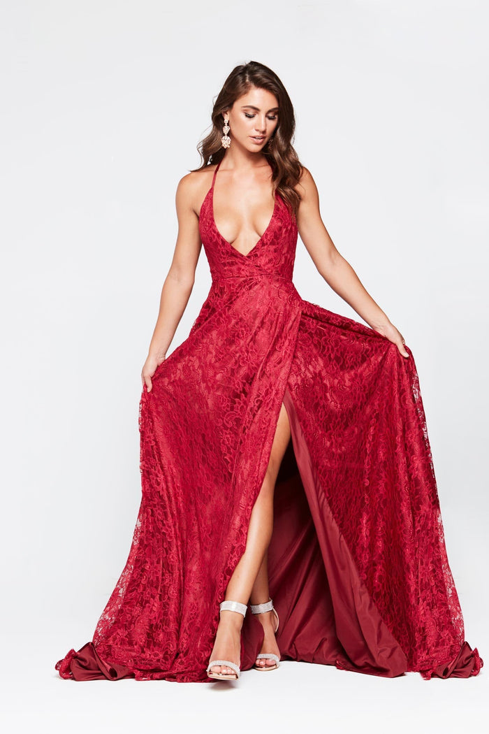 A&N Boutique Custom Frida Lace Gown - Deep Red Frida -Red Lace Formal Gown with Plunging Neckline and Low Back