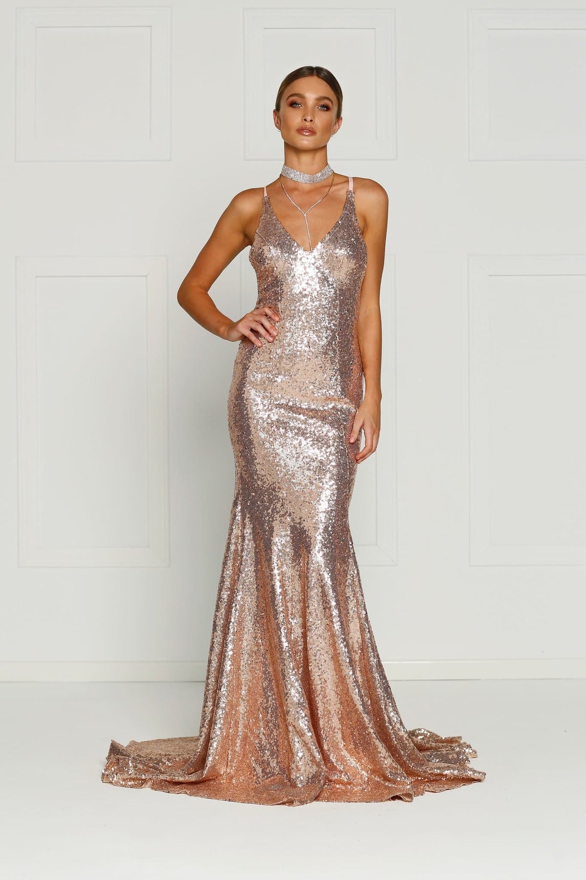 Gigi - Rose Gold Sequin Dress with V Neck and Criss Cross Back XXS Gigi - Rose Gold Sequin Dress with V Neck and Criss Cross Back XXS