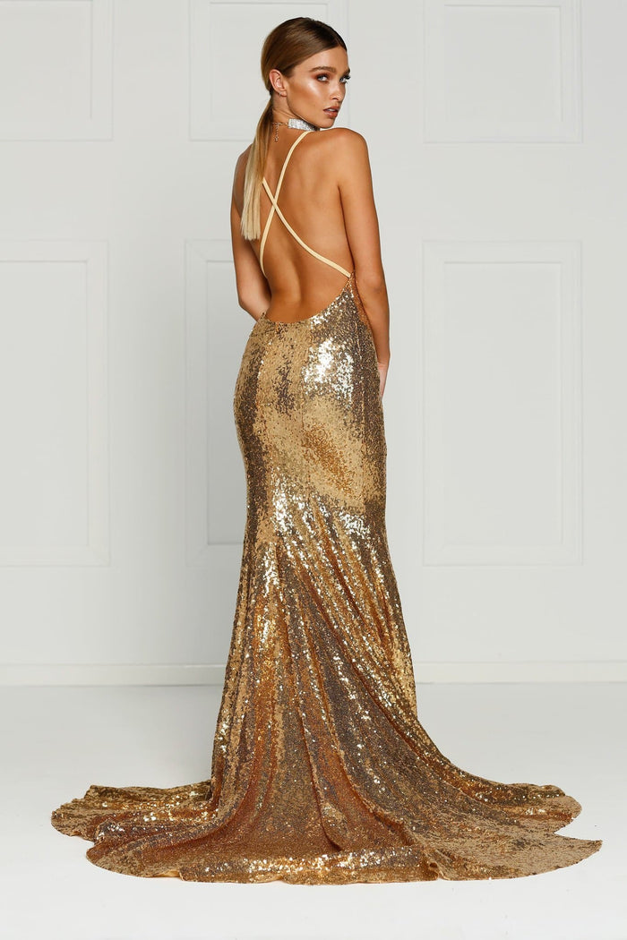 A&N Boutique Custom Gigi Sequin Gown - Liquid Gold Gigi - Gold Sequins Dress with V Neck and Criss Cross Back