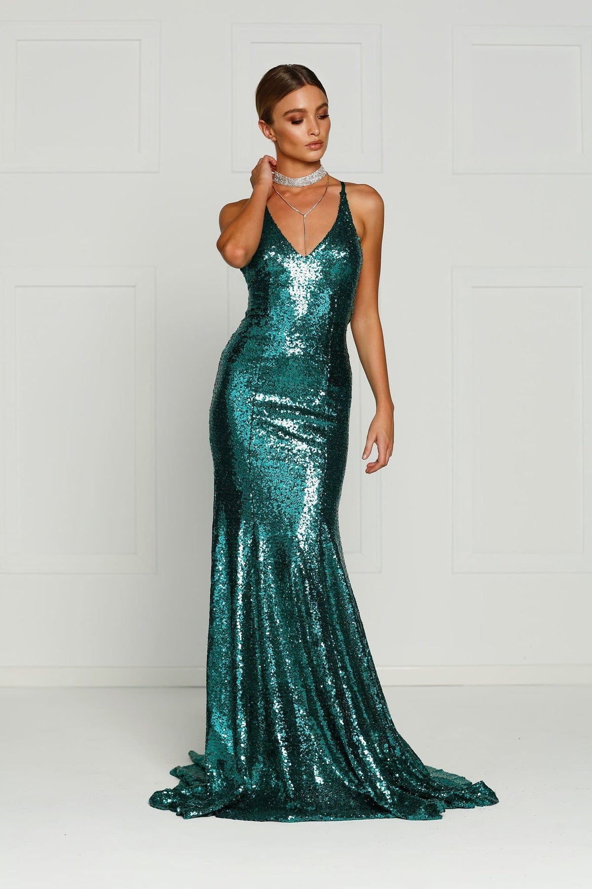 Gigi- Emerald Sequin Dress with V Neck and Criss Cross Back A&N Luxe Label Gigi- Emerald Sequin Dress with V Neck and Criss Cross Back A&N Luxe Label