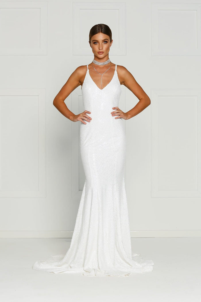 A&N Boutique Custom Gigi Sequin Gown - White Gigi - White Sequins Dress with V Neck and Criss Cross Back