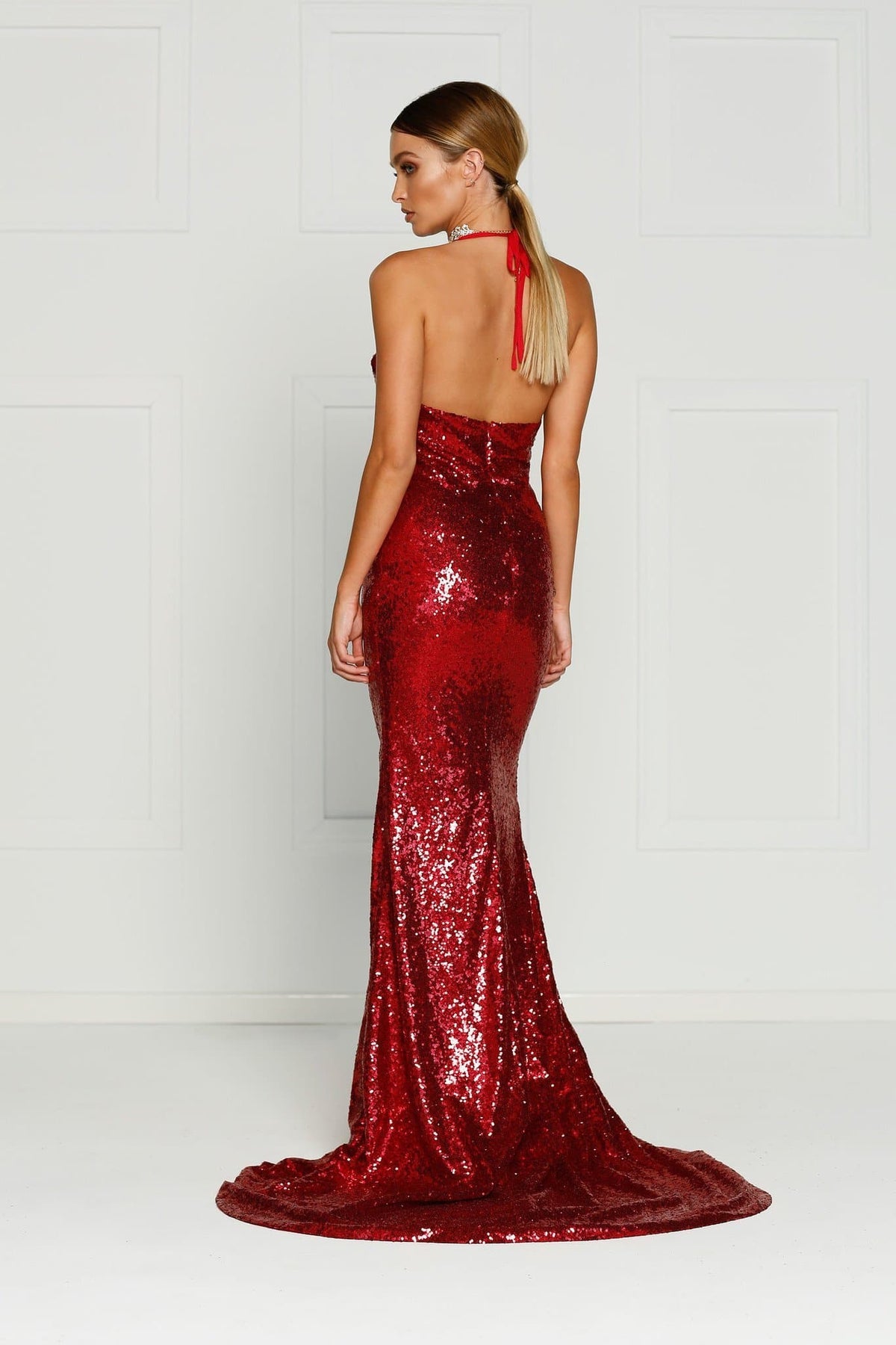 Kylie- Deep Red Sequin Dress with Low Back and Side Slit A&N Luxe Label Kylie- Deep Red Sequin Dress with Low Back and Side Slit A&N Luxe Label
