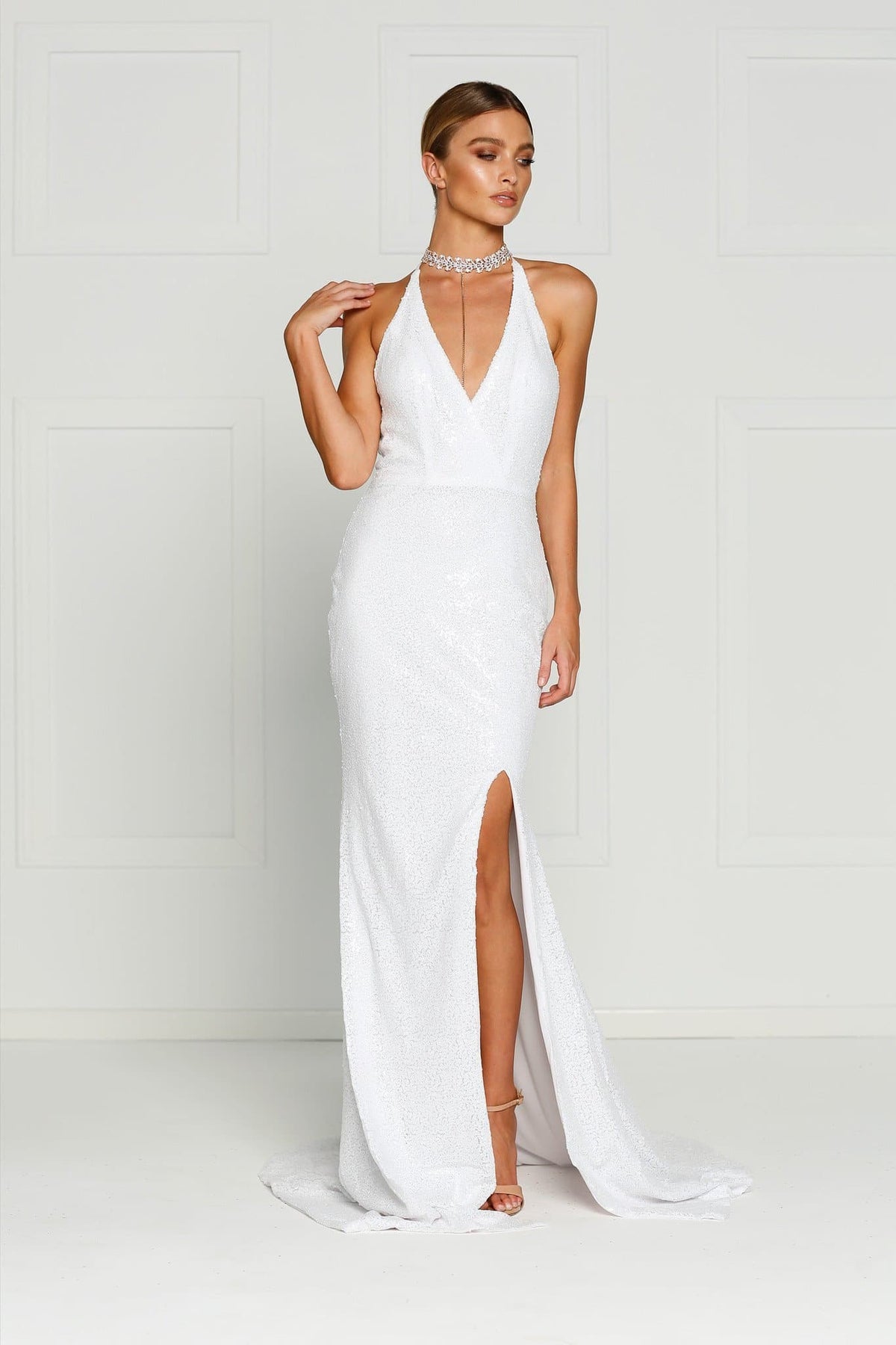 white low back sequin dress Karma Long Sleeve Keyhole Back Sequin Dress White