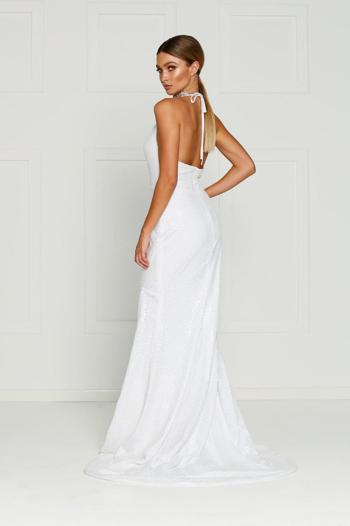 A&N Boutique Custom Kylie Sequin Gown - White Kylie- White Sequin Dress with Low Back and Side Slit