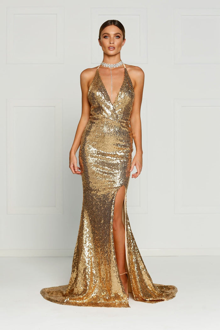 A&N Boutique Custom Kylie Sequin Gown - Liquid Gold Kylie- Liquid Gold Sequin Dress with Low Back and Side Slit