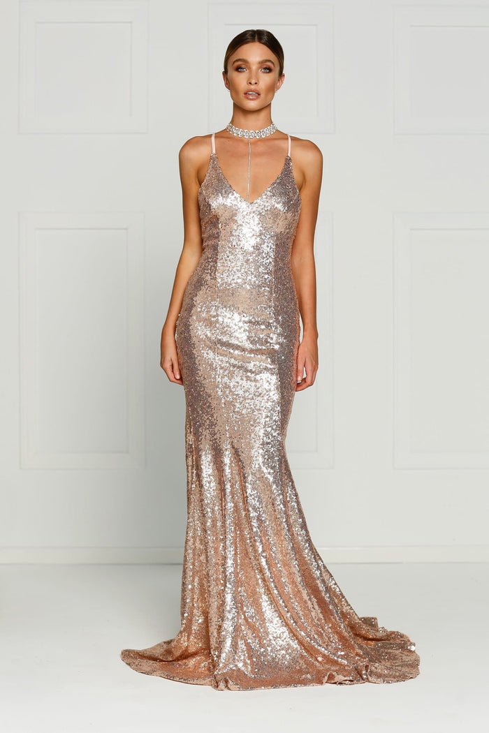 A&N Boutique Custom Kendall Sequin Gown - Rose Gold Kendall - Rose Gold Sequin Dress with Criss Cross Back