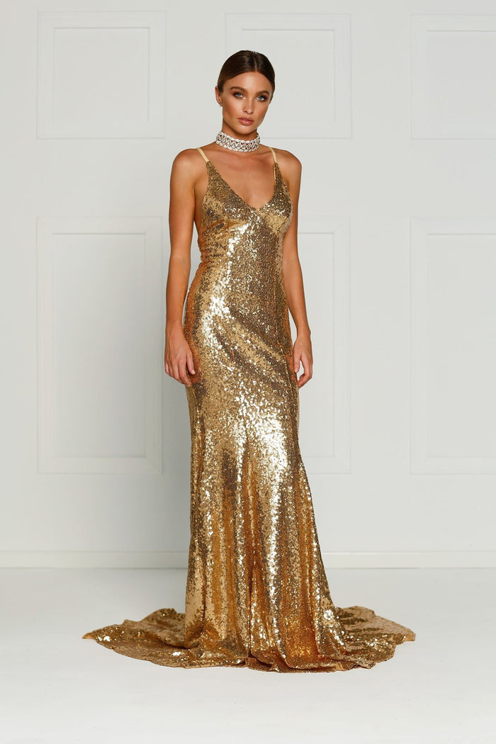 A&N Boutique Custom Kendall Sequin Gown - Liquid Gold A&N Kendall - Gold Sequin Dress with V Neck and Criss Cross Back
