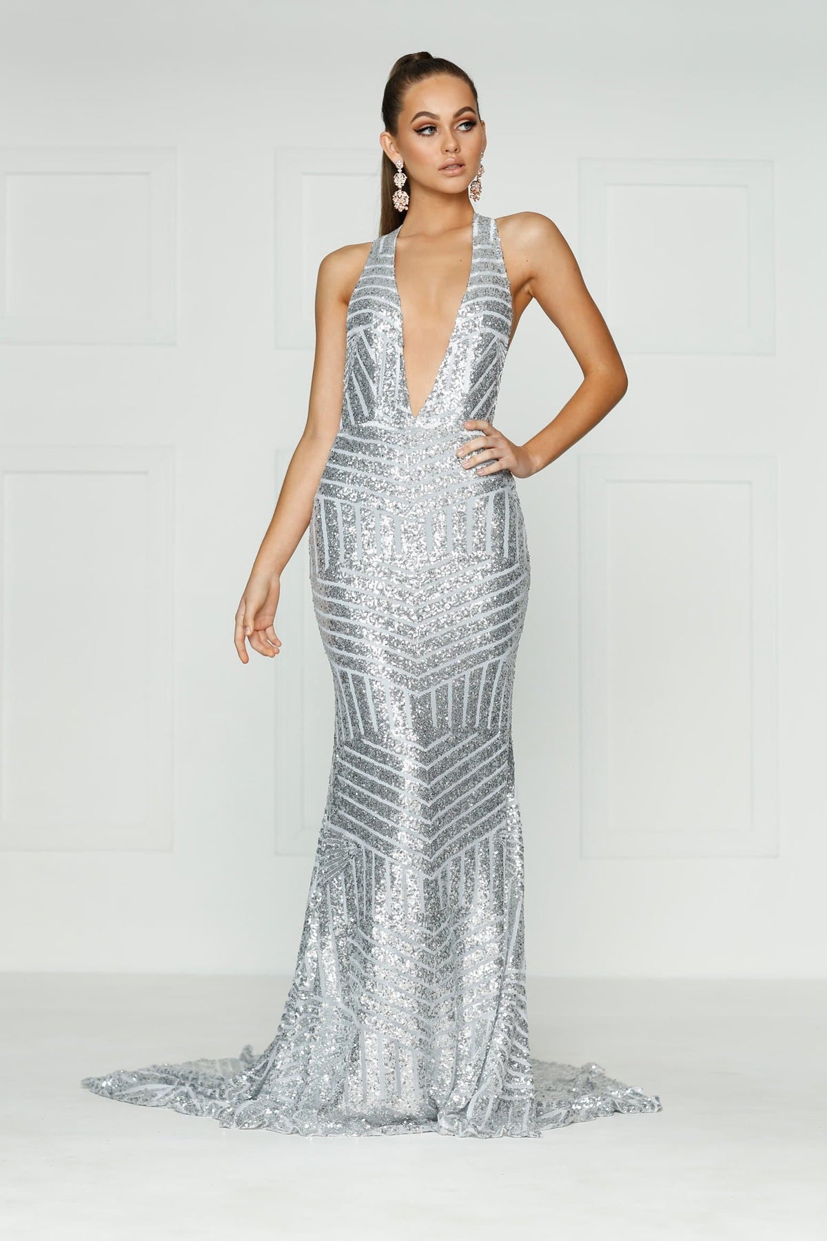 A&N Boutique Custom A&N Alia Sequin Gown - Silver A&N Alia- Silver Sequins Multi-Way Dress with V Neck