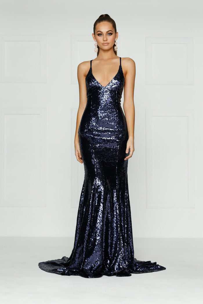 A&N Boutique Custom Kendall Sequin Gown - Rich Navy Kendall - Navy Sequin Dress with V Neck and Criss Cross Back