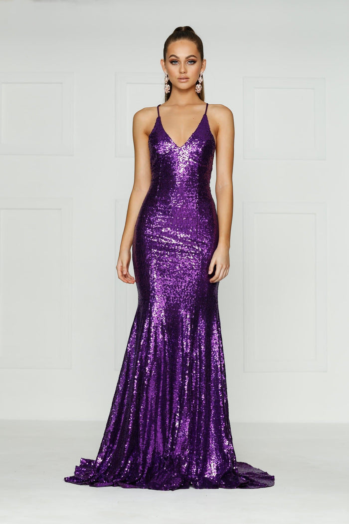 A&N Boutique Custom Kendall Sequin Gown - Purple Kendall - Purple Sequin Formal Gown with Criss Cross Back