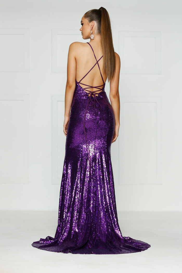 A&N Boutique Custom Kendall Sequin Gown - Purple Kendall - Purple Sequin Formal Gown with Criss Cross Back